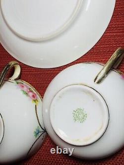 Vintage Noritake 4 Cups and 5 Saucers Hand Painted Roses with Beaded Gold Swag