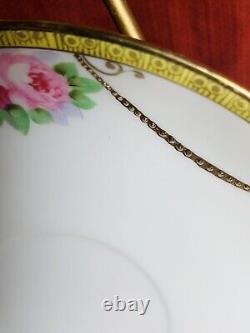 Vintage Noritake 4 Cups and 5 Saucers Hand Painted Roses with Beaded Gold Swag