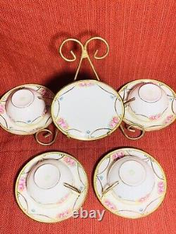 Vintage Noritake 4 Cups and 5 Saucers Hand Painted Roses with Beaded Gold Swag