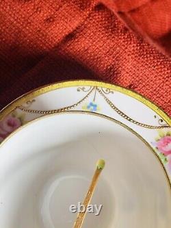 Vintage Noritake 4 Cups and 5 Saucers Hand Painted Roses with Beaded Gold Swag