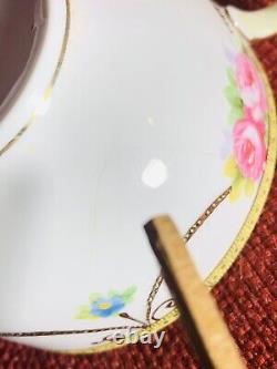 Vintage Noritake 4 Cups and 5 Saucers Hand Painted Roses with Beaded Gold Swag