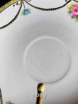 Vintage Noritake 4 Cups and 5 Saucers Hand Painted Roses with Beaded Gold Swag