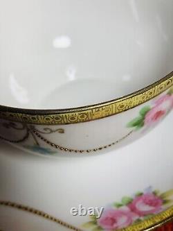 Vintage Noritake 4 Cups and 5 Saucers Hand Painted Roses with Beaded Gold Swag