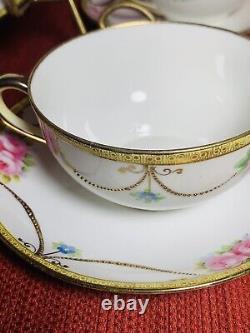 Vintage Noritake 4 Cups and 5 Saucers Hand Painted Roses with Beaded Gold Swag