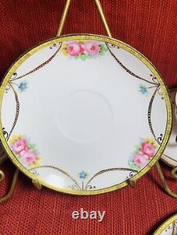 Vintage Noritake 4 Cups and 5 Saucers Hand Painted Roses with Beaded Gold Swag