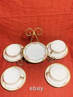 Vintage Noritake 4 Cups and 5 Saucers Hand Painted Roses with Beaded Gold Swag