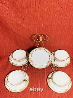Vintage Noritake 4 Cups and 5 Saucers Hand Painted Roses with Beaded Gold Swag