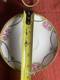 Vintage Noritake 4 Cups and 5 Saucers Hand Painted Roses with Beaded Gold Swag