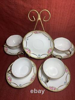 Vintage Noritake 4 Cups and 5 Saucers Hand Painted Roses with Beaded Gold Swag