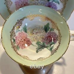 Vintage PARAGON Mint Green Cup & Saucer Chrysanthemum Mum Gold Spray Rare Teacup