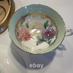 Vintage PARAGON Mint Green Cup & Saucer Chrysanthemum Mum Gold Spray Rare Teacup