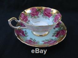 Vintage PARAGON Tea Cup & Saucer Red Cabbage Roses in Turquoise & Gold RARE