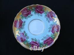 Vintage PARAGON Tea Cup & Saucer Red Cabbage Roses in Turquoise & Gold RARE