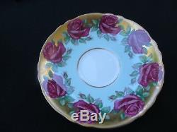 Vintage PARAGON Tea Cup & Saucer Red Cabbage Roses in Turquoise & Gold RARE