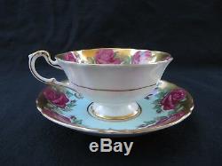 Vintage PARAGON Tea Cup & Saucer Red Cabbage Roses in Turquoise & Gold RARE