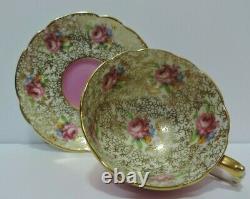 Vintage Paragon China Tea Cup & Saucer Pink with Pink Rose & Gold Lace Pattern