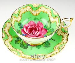 Vintage Paragon England VICTORIA FLOATING CABBAGE ROSE CUP & SAUCER GREEN /GOLD