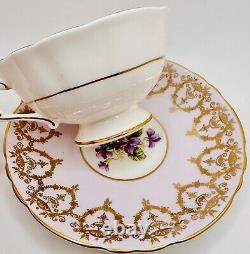 Vintage Paragon Violets Floral Cup & Saucer Heavy Gold Lace Gilt Purple Teacup