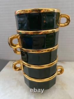 Vintage Pillivuyt France MCM Demitasse Espresso Cups Saucers Green Gold Set of 8