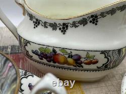 Vintage Porcelain Fenton Fruit Pattern Gilded Tea Set for Two Cup Saucer Creamer