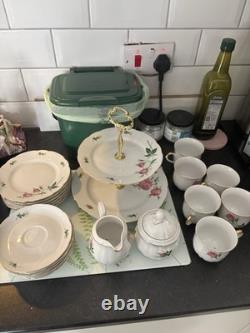 Vintage Porcelain Rose Tea Set Gold Trim, Tiered Stand, Full Service