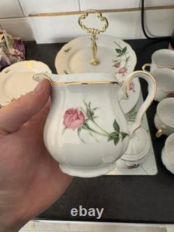 Vintage Porcelain Rose Tea Set Gold Trim, Tiered Stand, Full Service