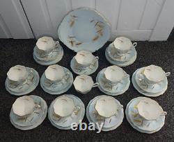 Vintage Queen Anne Tea Set Service Blue White Gold Wheat 38 Pieces Bone China