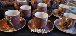 Vintage RARE! Purple Ceramic Geisha Tea Set, Lidded Pot Cups & Saucers, Gold