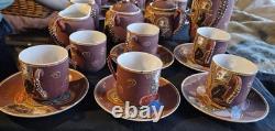 Vintage RARE! Purple Ceramic Geisha Tea Set, Lidded Pot Cups & Saucers, Gold
