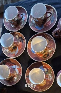 Vintage RARE! Purple Ceramic Geisha Tea Set, Lidded Pot Cups & Saucers, Gold