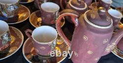 Vintage RARE! Purple Ceramic Geisha Tea Set, Lidded Pot Cups & Saucers, Gold