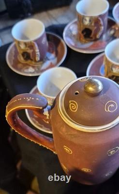 Vintage RARE! Purple Ceramic Geisha Tea Set, Lidded Pot Cups & Saucers, Gold