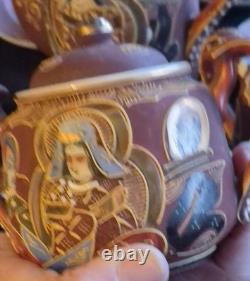 Vintage RARE! Purple Ceramic Geisha Tea Set, Lidded Pot Cups & Saucers, Gold