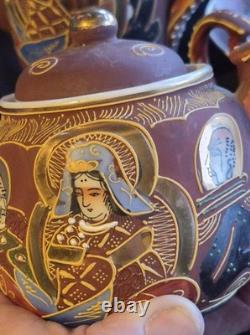 Vintage RARE! Purple Ceramic Geisha Tea Set, Lidded Pot Cups & Saucers, Gold