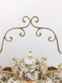 Vintage R Capodimonte Italy Tea Set Cups Saucers & Sugar W Cherubs Gold Plated