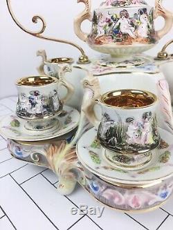 Vintage R Capodimonte Italy Tea Set Cups Saucers & Sugar W Cherubs Gold Plated
