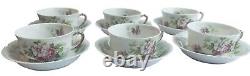 Vintage Set of 6 Limoges France, Tea Cups & Saucers, Pink Roses, Gold Accents