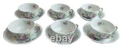 Vintage Set of 6 Limoges France, Tea Cups & Saucers, Pink Roses, Gold Accents