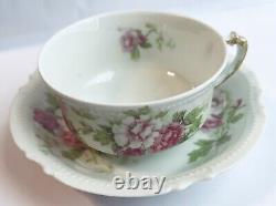 Vintage Set of 6 Limoges France, Tea Cups & Saucers, Pink Roses, Gold Accents