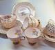 Vintage Tuscan Pink Flower Bouquet 22k Gilded Leaves 21 Piece Tea Set