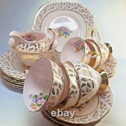 Vintage Tuscan pink flower bouquet 22k gilded leaves 21 piece tea set