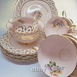 Vintage Tuscan pink flower bouquet 22k gilded leaves 21 piece tea set