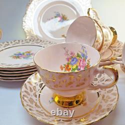 Vintage Tuscan pink flower bouquet 22k gilded leaves 21 piece tea set