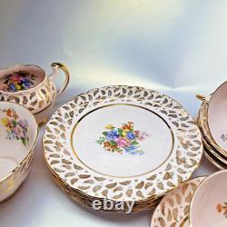 Vintage Tuscan pink flower bouquet 22k gilded leaves 21 piece tea set