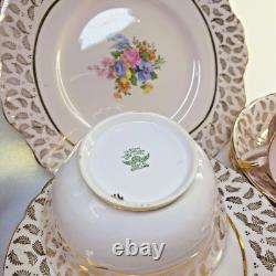 Vintage Tuscan pink flower bouquet 22k gilded leaves 21 piece tea set