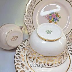 Vintage Tuscan pink flower bouquet 22k gilded leaves 21 piece tea set