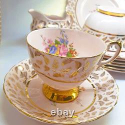 Vintage Tuscan pink flower bouquet 22k gilded leaves 21 piece tea set