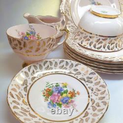 Vintage Tuscan pink flower bouquet 22k gilded leaves 21 piece tea set
