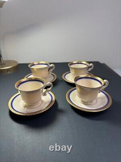 Vintage Wayne Blue Fine China Syracuse Old Ivory Teacups/Saucers Set of 4