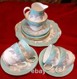 Vintage Wedgwood Buxton W4131 Turqoise/White/Gold Tea Set 15pc, 1960's
